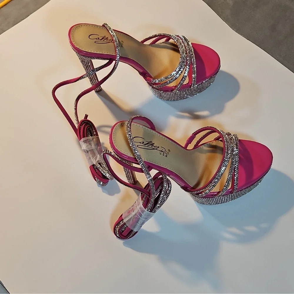 Cathy Din Hot Pink Synthetic Rhinestone Platform Ankle Strap Open Toe 8.5